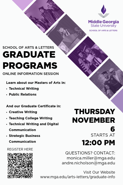 Join MGA's School of Arts & Letters (SOAL) for a FREE virtual information session on their graduate programs and certificates at 12 p.m. on Thursday, Nov. 6, via Microsoft Teams.